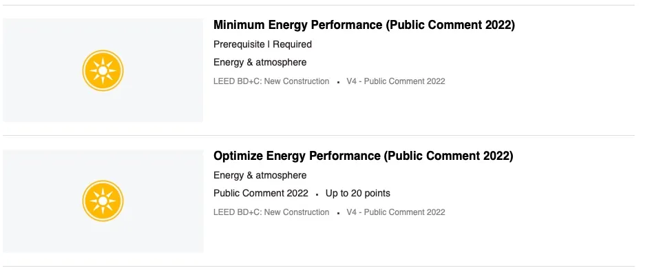 screen capture showing links to public comment drafts for LEED v4 energy credits and prerequisites